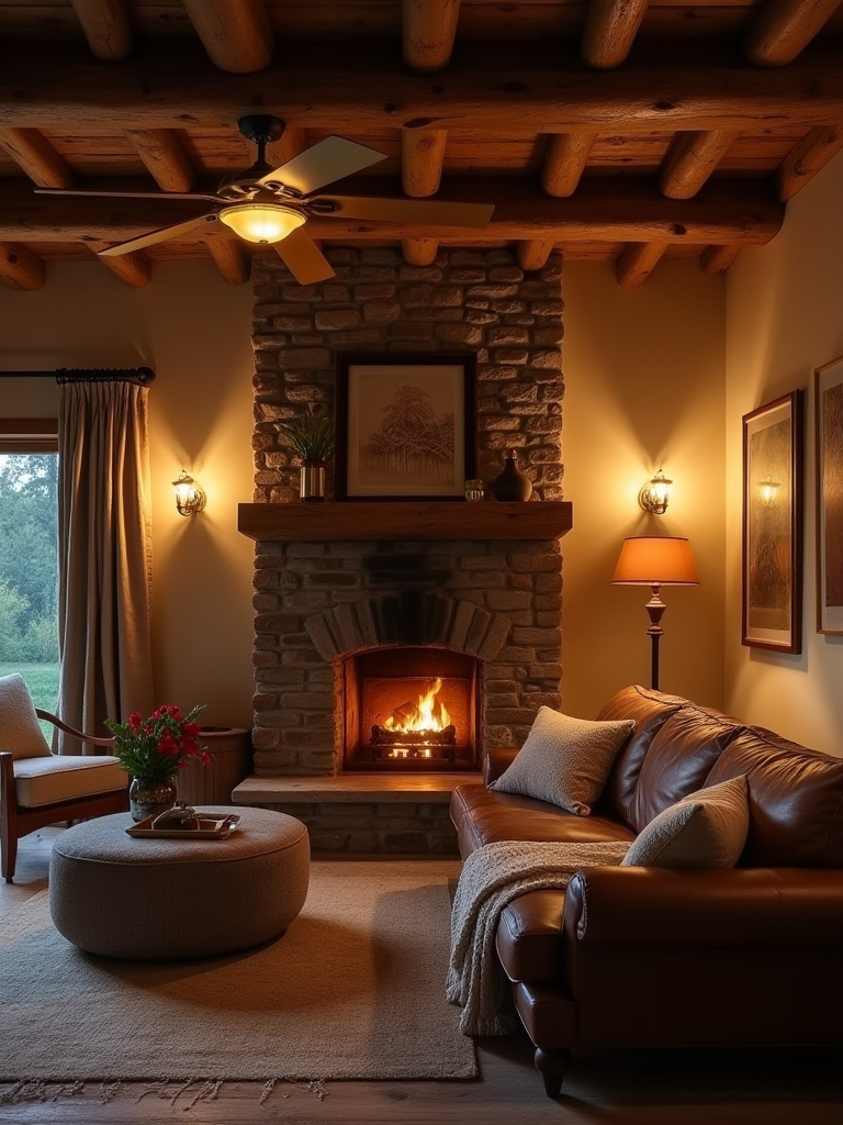Rustic living room at dusk with warm dimmable lighting, exposed wood beams, stone fireplace, and cozy textiles.