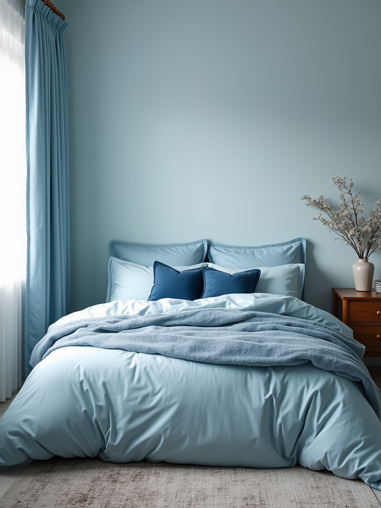 Cozy bedroom with calming monochromatic blue color palette including bedding and textured decor