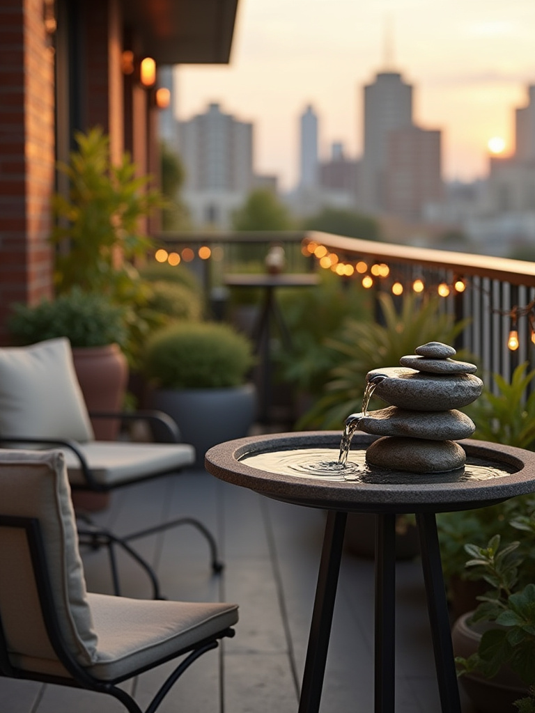 Vertical balcony scene with a small water fountain, plants, and ambient lights, showing a calming oasis.