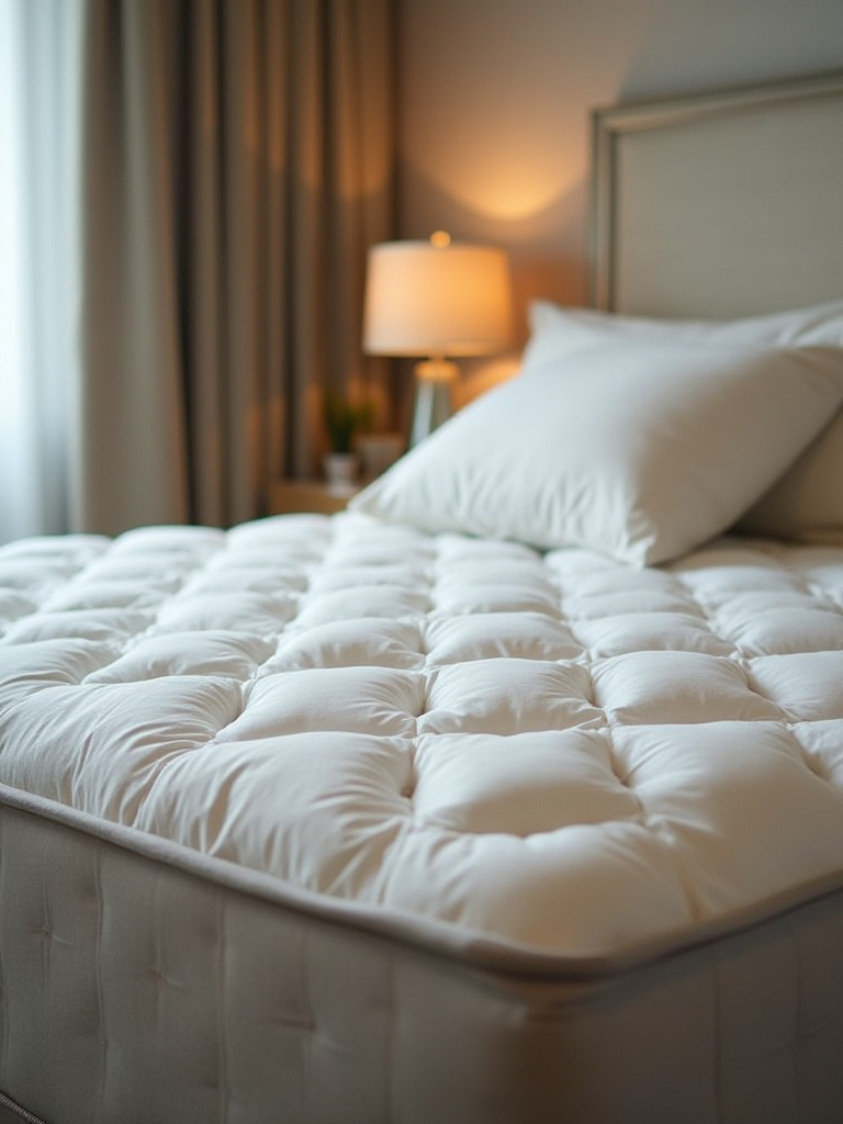 Cozy bedroom with a high-quality mattress and ergonomic pillows arranged neatly, illuminated by soft natural light