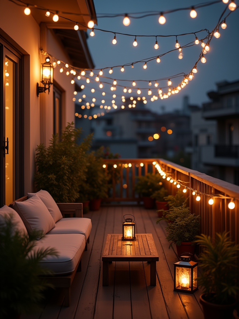 Cozy balcony with warm ambient string lights and lanterns at dusk