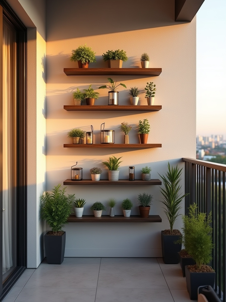 Vertical balcony with wall-mounted shelves filled with plants and decor