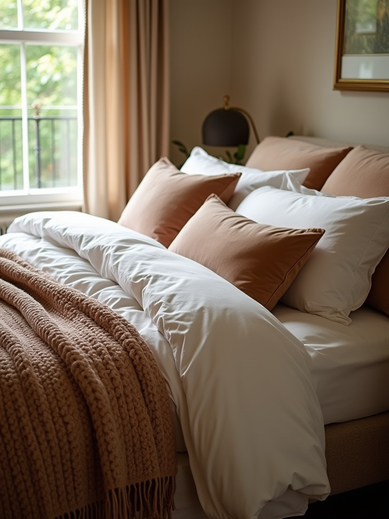 Cozy bedroom with layered luxurious soft-touch bedding textures including velvet duvet, knit throw, and decorative pillows