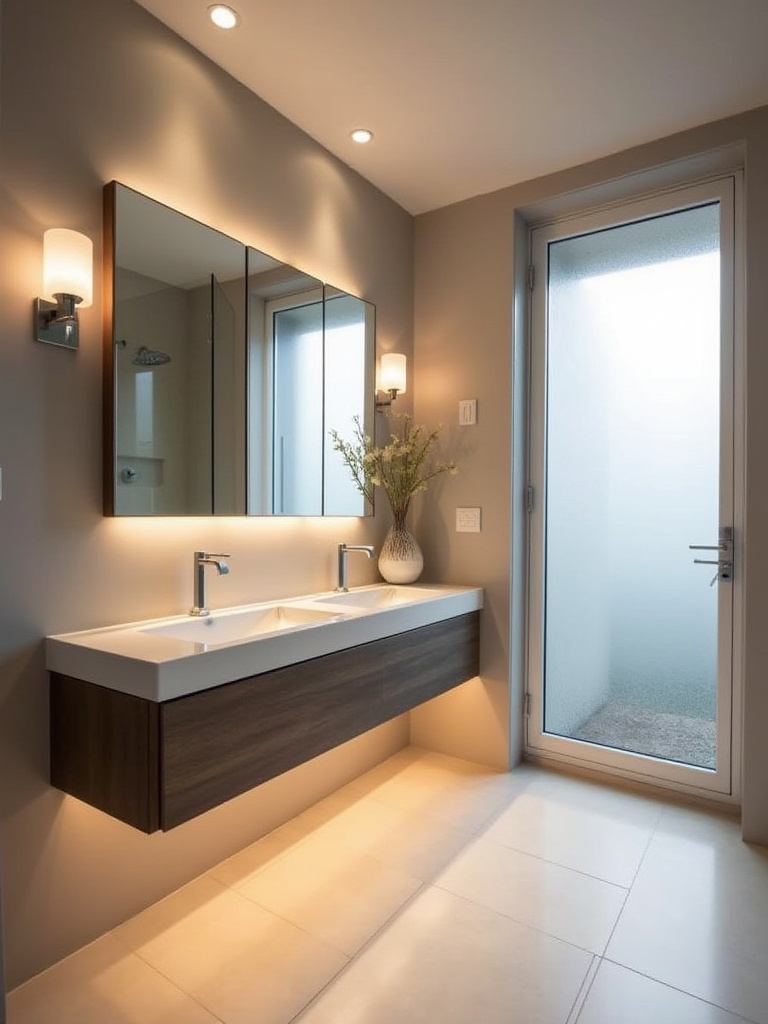 Small modern bathroom with layered lighting including recessed ceiling lights, vanity sconces, and LED strip accent lights eliminating dark corners