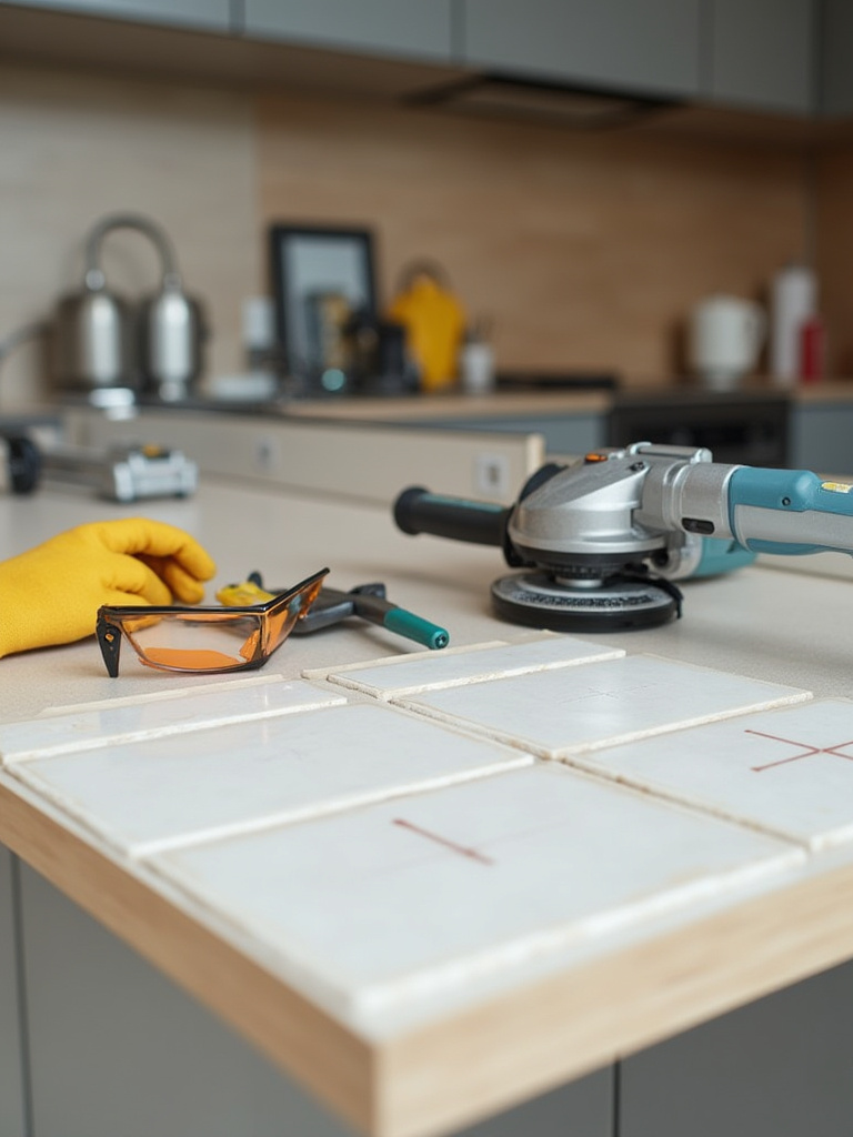 Portrait-style studio shot of a tile cutting station with tools and safety gear, no people, on a clean workbench.