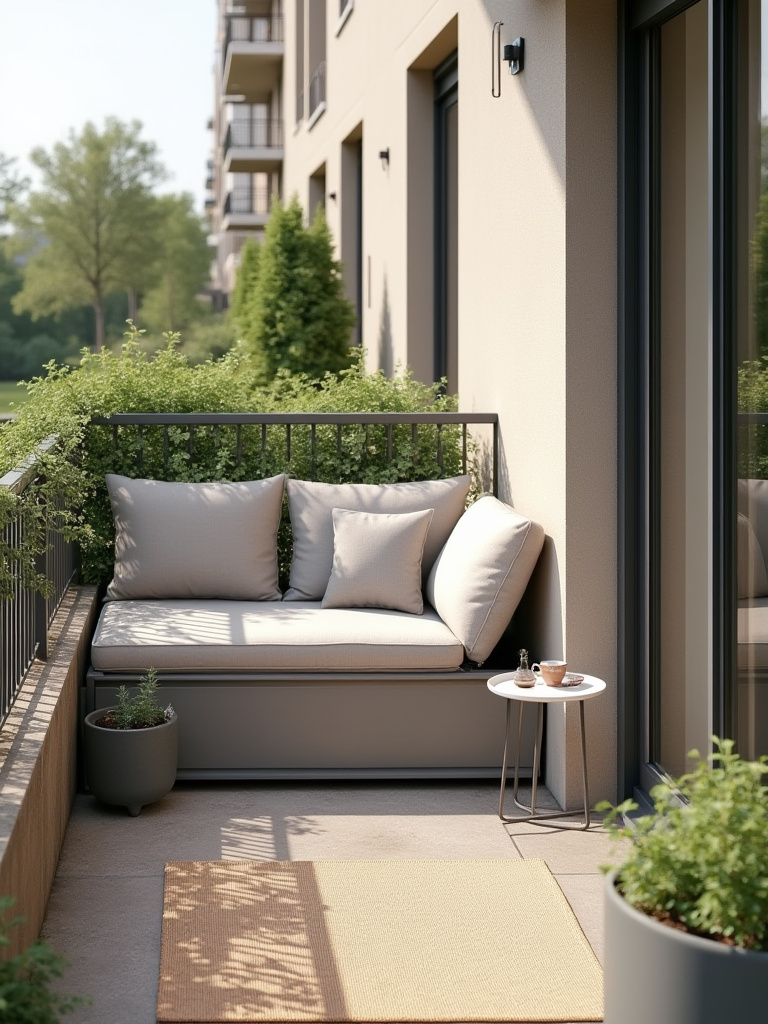 Vertical balcony scene with a storage bench and cushions, planters, and minimal furniture