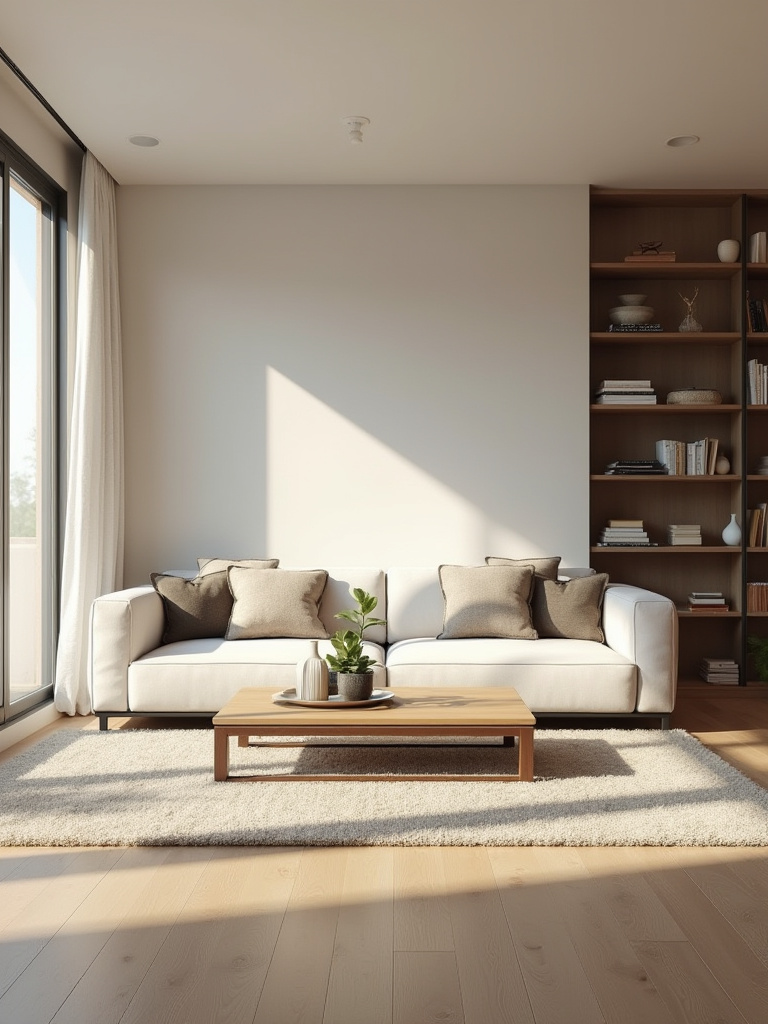 Elegant clutter-free living room with minimalist furniture and organized shelves