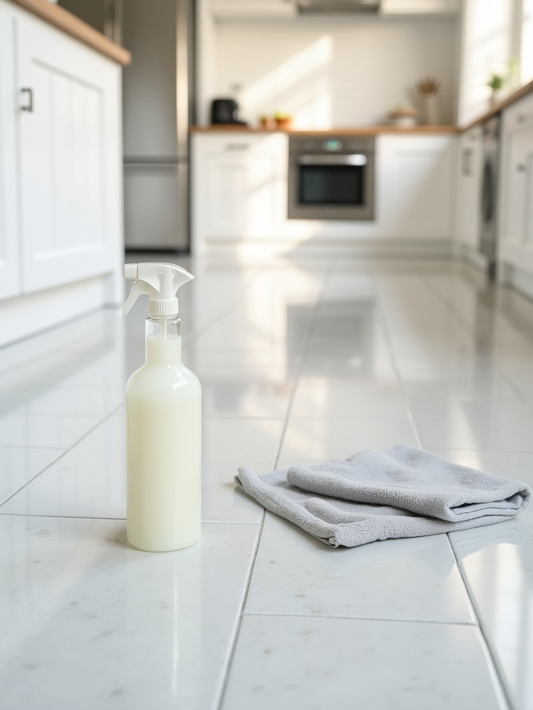 Vertical portrait of a clean kitchen tile floor with a spray bottle and microfiber cloth.
