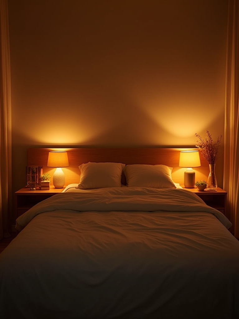 Cozy bedroom illuminated with dimmable warm-toned lighting highlighting ambient, task, and accent light layers in a serene setting