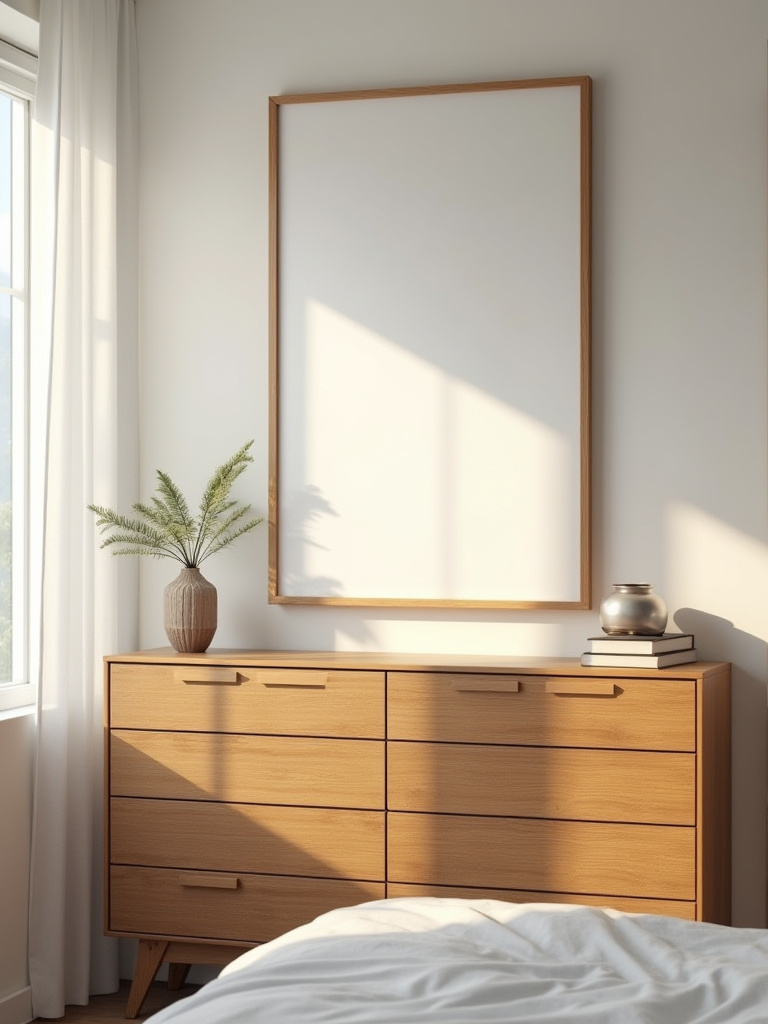 Bedroom art hung at eye-level above wooden dresser with natural light highlighting perfect ergonomic placement