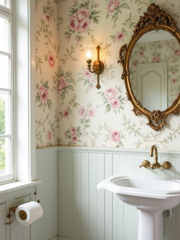 Vintage bathroom with blush floral botanical wallpaper, antique gold mirror, and crystal sconce