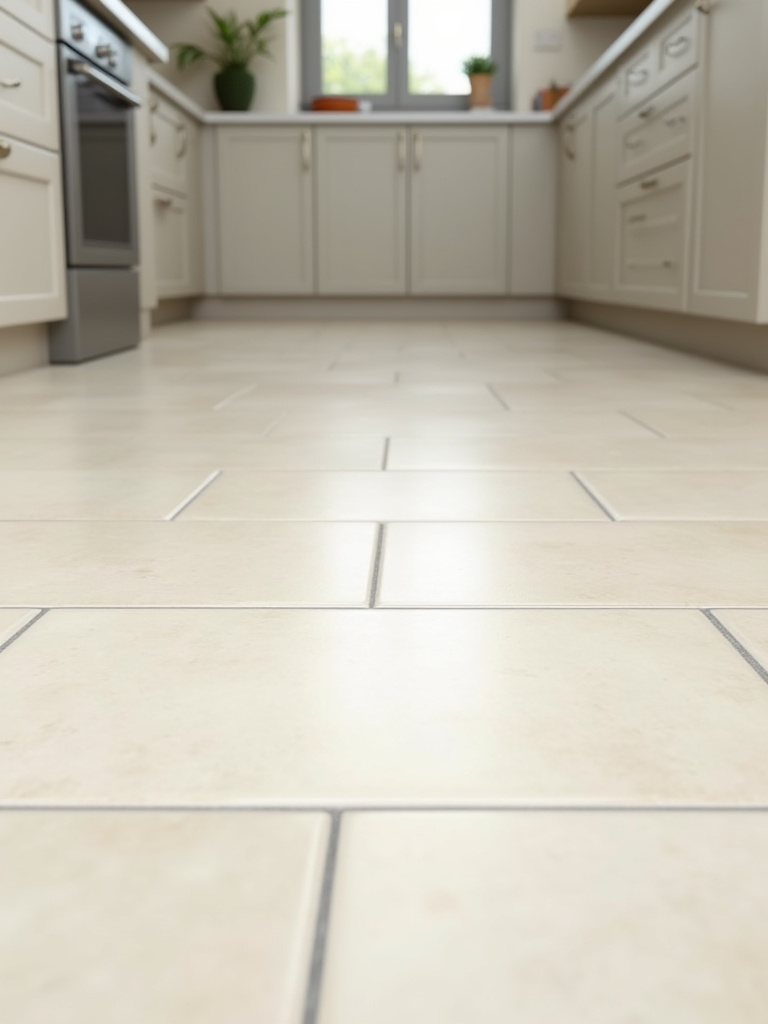 Portrait kitchen corner showing uniform grout lines between light ivory tiles with spacers visible at the edge to indicate precision.