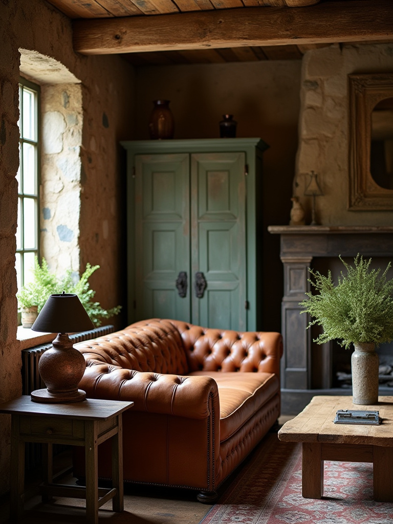 Interior of a rustic living room highlighting patinaed wood, leather, and metal surfaces with warm lighting.