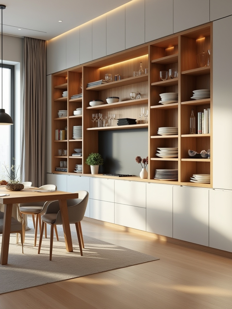 Dining room with floor-to-ceiling vertical cabinets displaying dinnerware and linens, foreground dining table