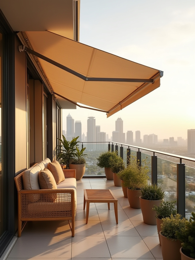 A modern balcony with an extended retractable awning, cozy seating, and plants in warm daylight.