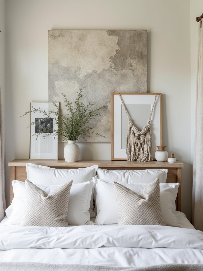 Bedroom wall art arrangement mixing paintings, photography, textile art, and ceramics for dynamic visual interest