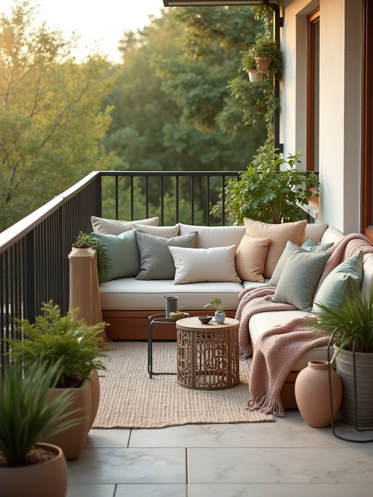 Portrait view of a cozy balcony with layered cushions and a knit throw on a weatherproof seating setup.