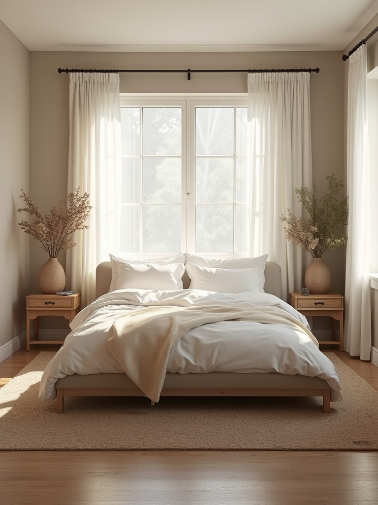 Cozy bedroom with optimized bed placement, clear pathways, and harmonious open flow, no people, natural warm lighting