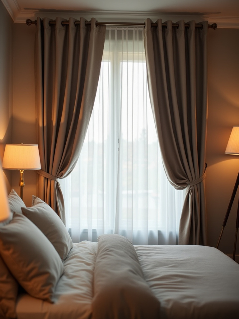 Cozy bedroom with fully closed optimized blackout curtains blocking all light for restful sleep