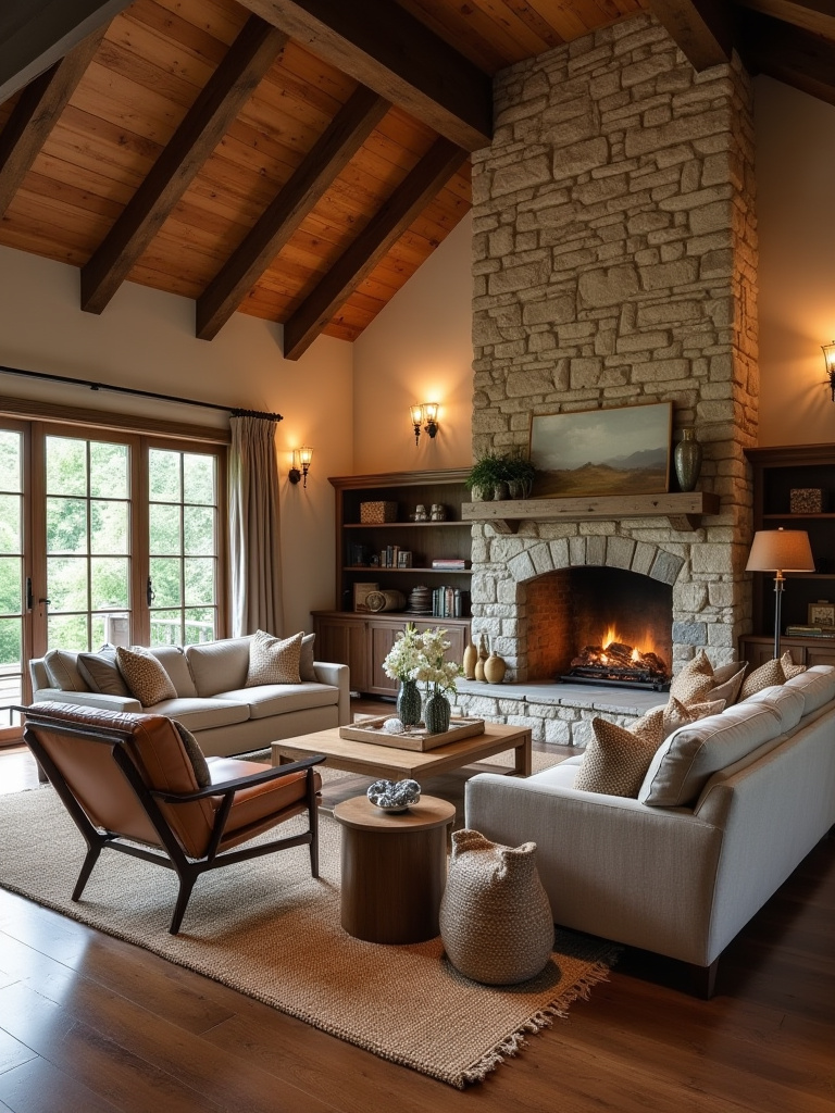 Rustic living room with stone fireplace, warm wood floors, and multiple intimate seating zones.