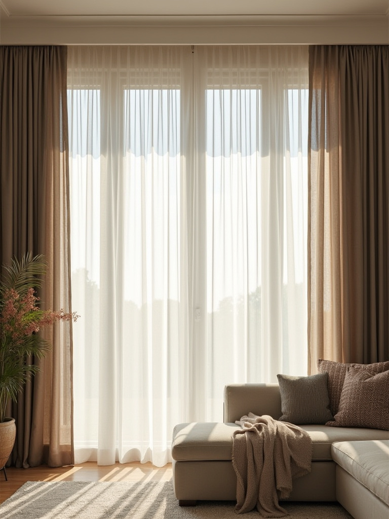Living room with large windows featuring layered sheer curtains and blackout drapes optimizing natural light