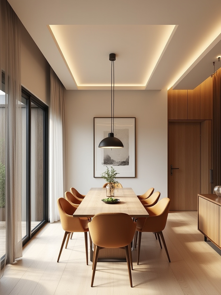 Vertical dining room scene showing clear pathways around a centered table and chairs, warm lighting, uncluttered space