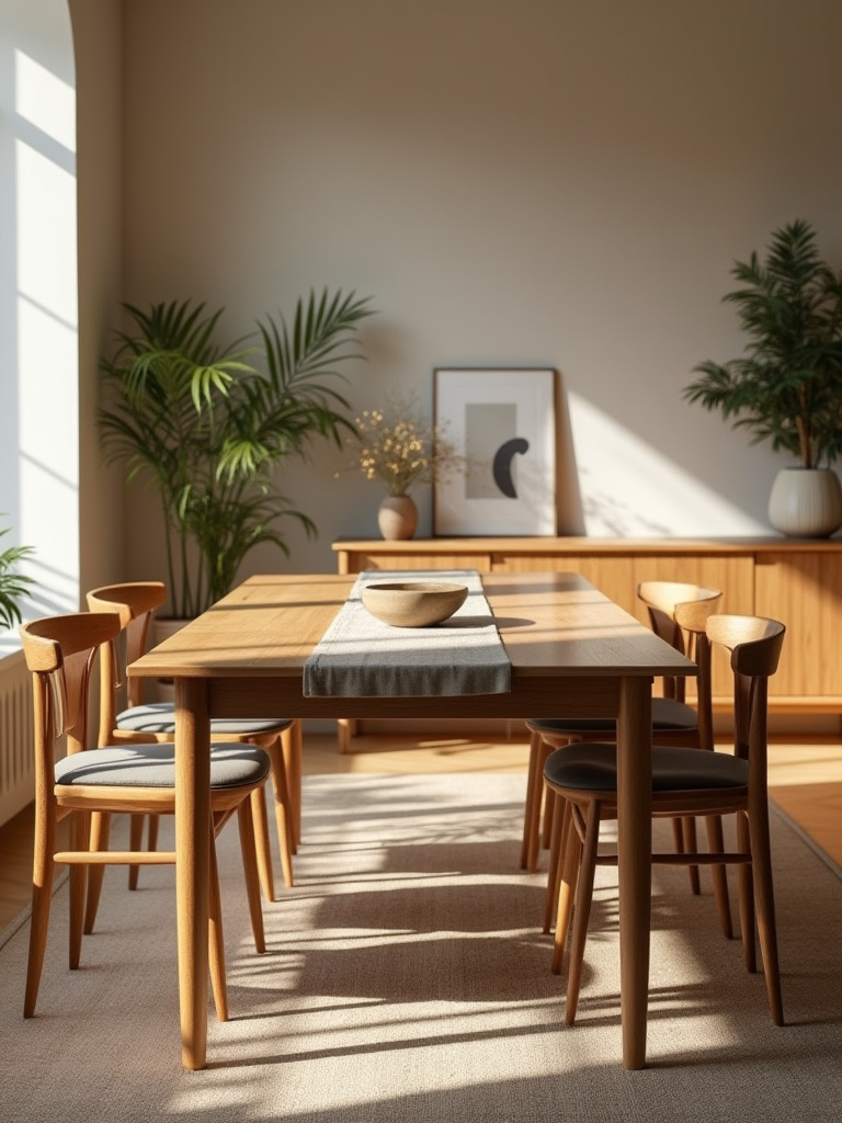 Polished, clutter-free dining room surface with simple centerpiece and warm lighting.