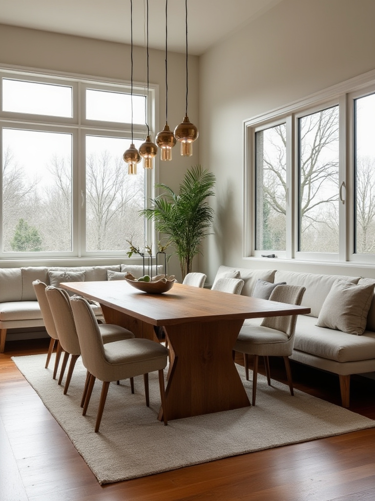 Portrait view of a dining room with a large table, mixed seating, and ample space for easy movement.