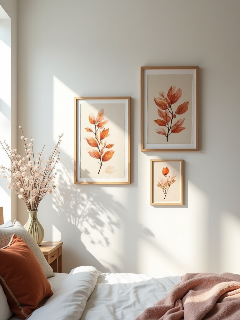 Bedroom feature wall with framed art pieces for seasonal rotation showcasing vibrant and warm tones, lit by natural light