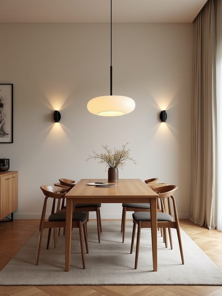 Portrait interior of a dining room with a centered chandelier over an evenly lit dining table.