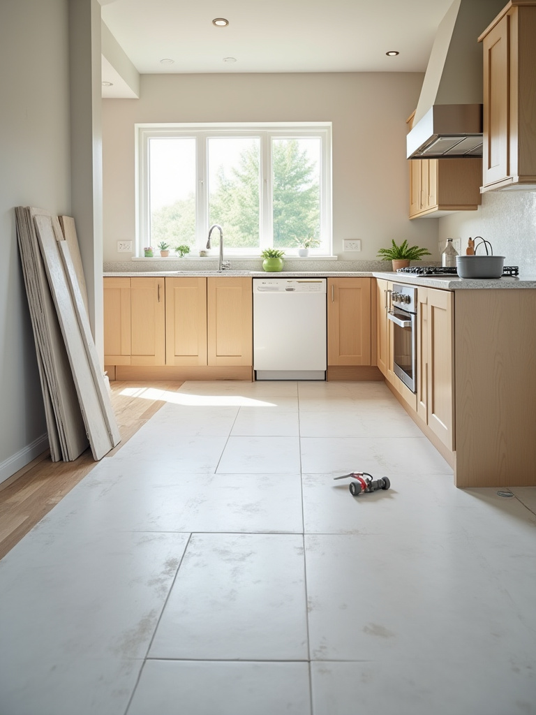 Portrait-style kitchen scene showing subfloor preparation for tile adhesion, no people, organized tools, soft lighting.