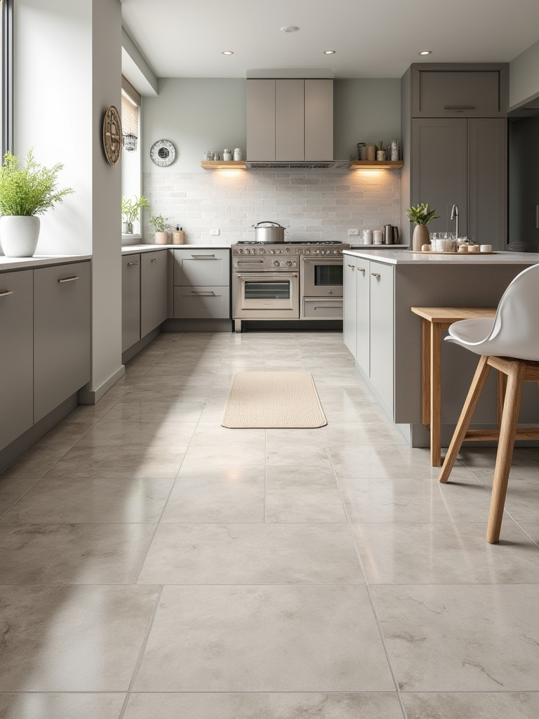 Professional portrait-style kitchen scene showing high-traffic tile floor with mats and felt-padded furniture legs