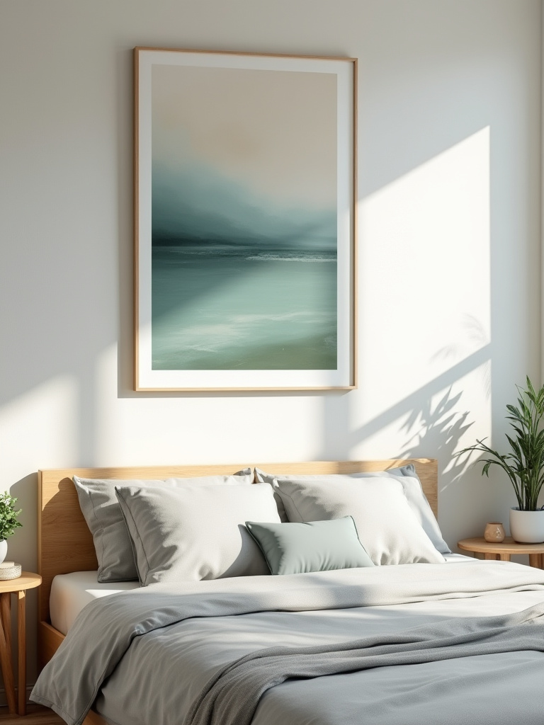 Bedroom artwork featuring calming muted blues, soft greens, and warm neutral tones above a neatly made bed in a serene, well-lit bedroom