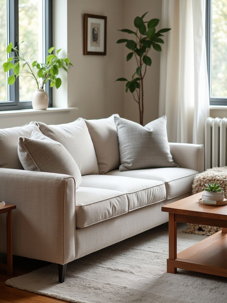 Close-up of a high-traffic living room sofa upholstered in durable performance fabric with natural lighting