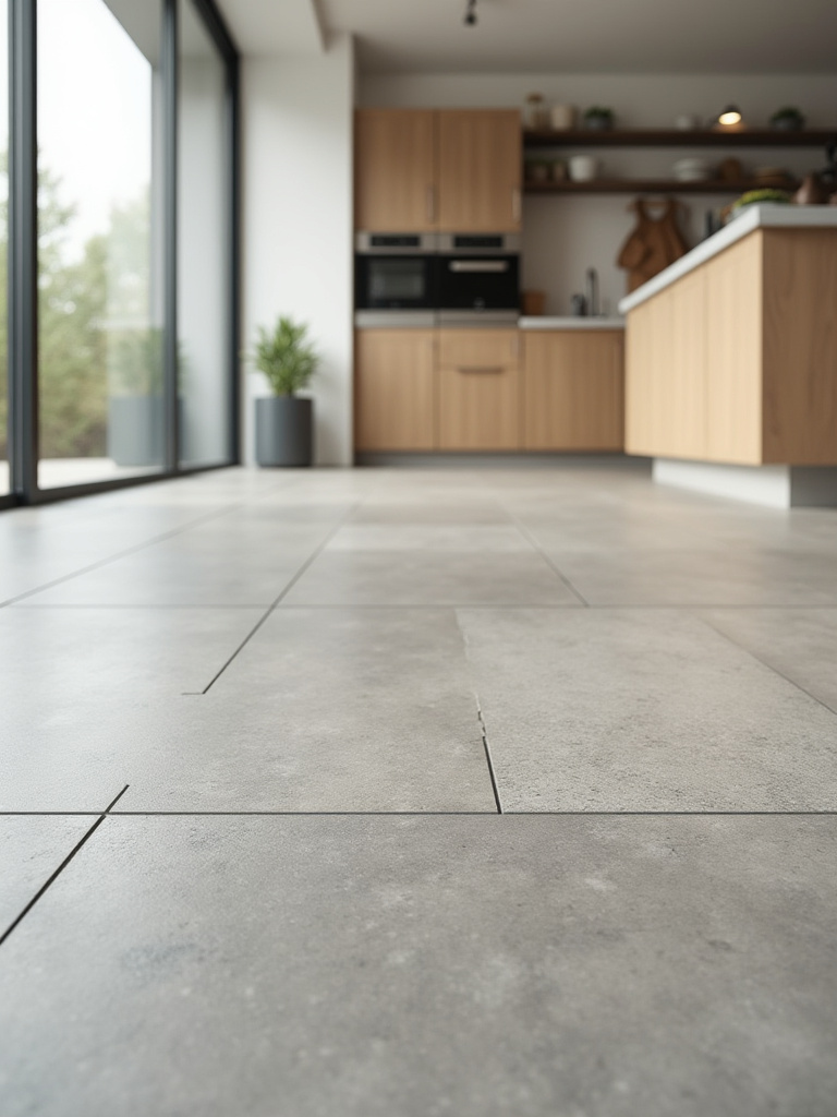 Modern kitchen floor with matte slip-resistant tiles (COF) showing texture and grout