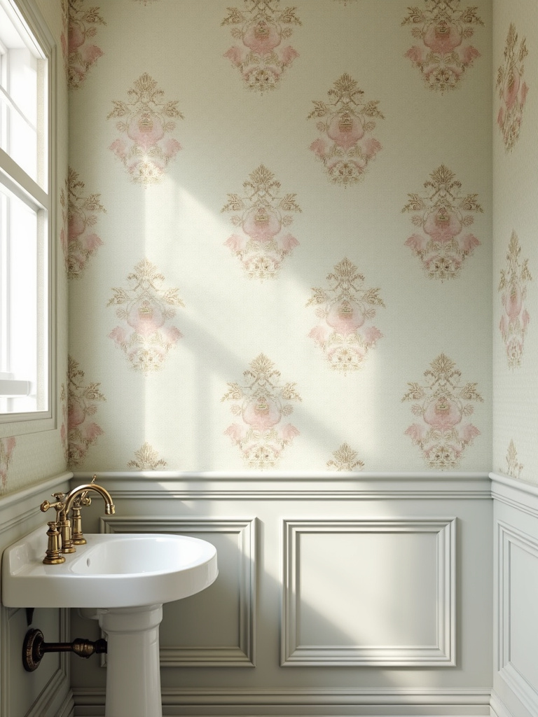 Vintage solid vinyl, water-resistant wallpaper in a high-humidity bathroom setting with classic damask pattern