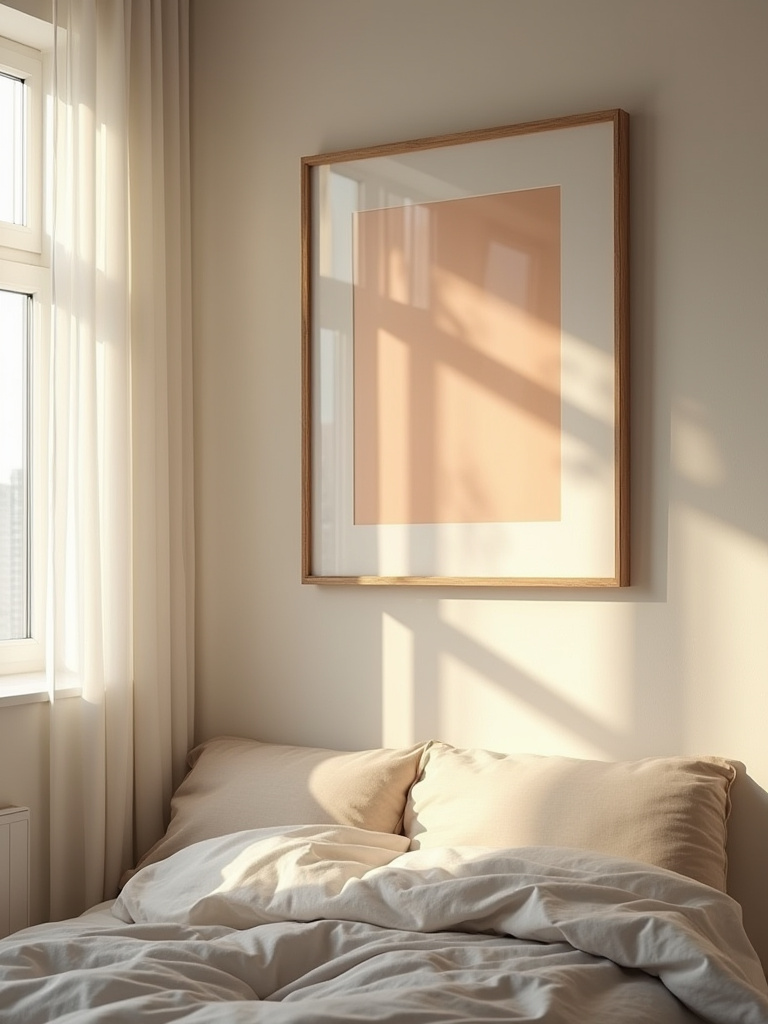 Framed bedroom artwork protected with museum-grade UV glazing filtering sunlight