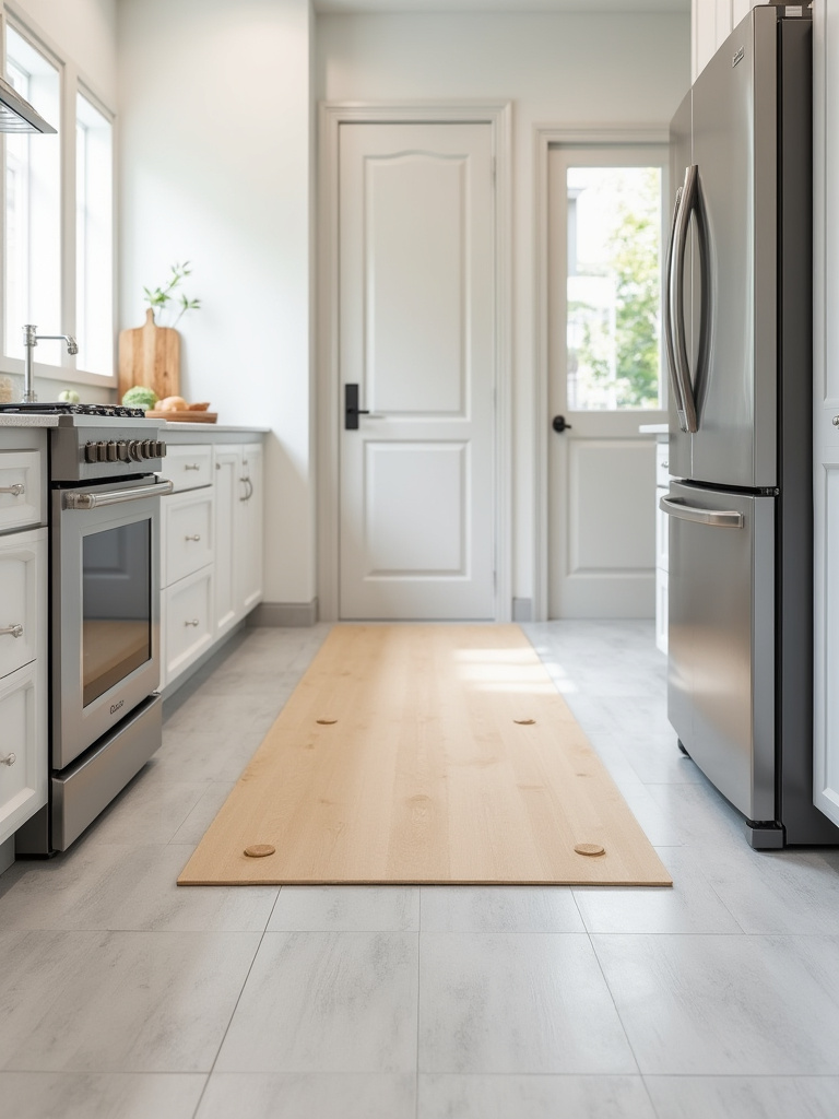 Vertical kitchen scene showing tile floor protected with a plywood path and appliance glides under a refrigerator and range; no people.