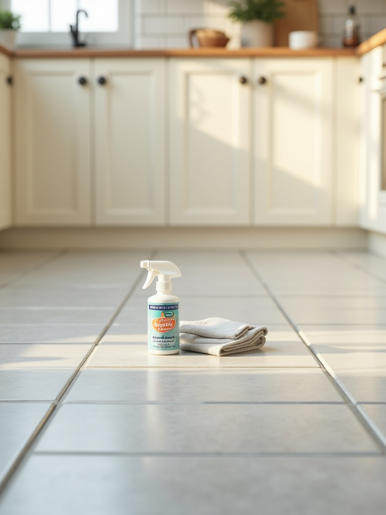 Portrait-style close-up of sealed grout lines on a kitchen floor with a grout sealer bottle and applicator, no people, warm lighting.