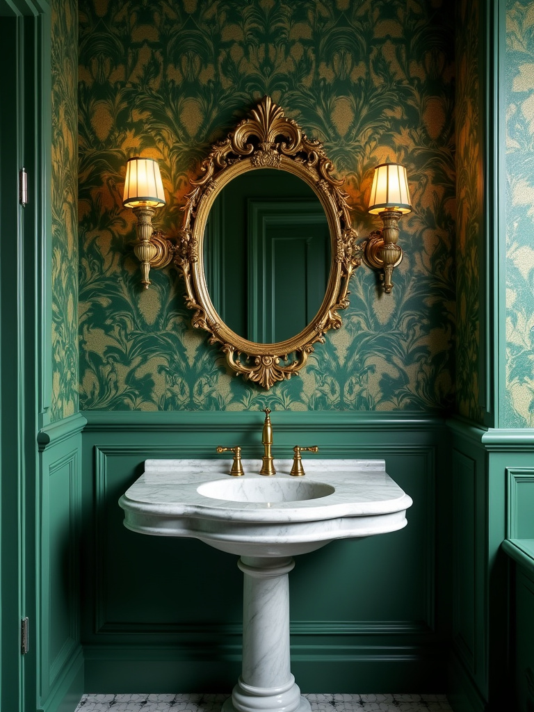 Victorian bathroom with emerald green Damask wallpaper, marble sink, and gold fixtures showcasing vintage wallpaper vintage style