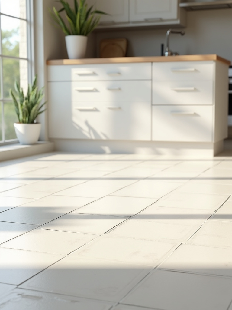 Vertical portrait of a regrouted kitchen floor with bright, clean grout lines