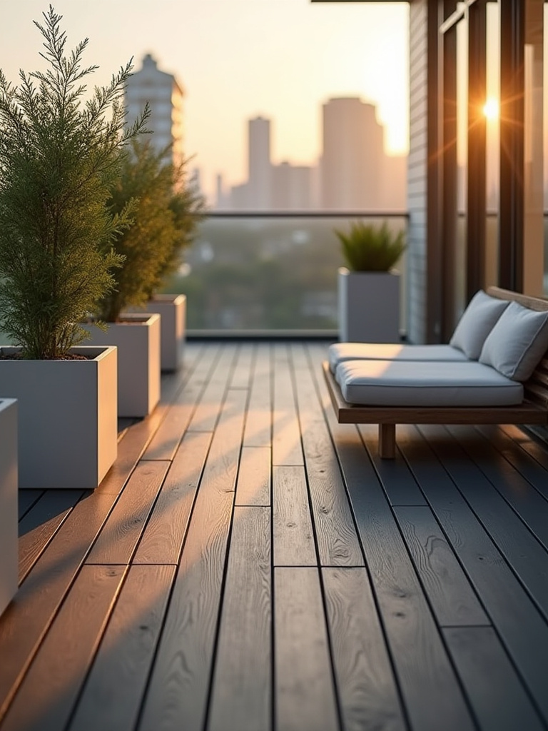 Balcony with freshly painted decking tiles and minimalist outdoor furniture
