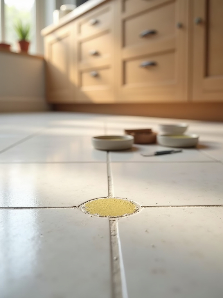 Close-up of a chipped ceramic tile with repair materials arranged nearby in a clean kitchen.
