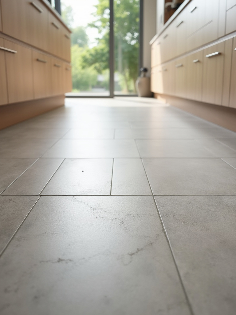 Portrait view of a modern kitchen floor with uniform tiles and grout lines during curing.
