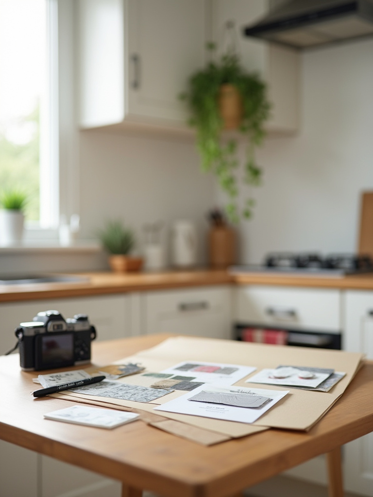 Bright rental kitchen staging with removable backsplash samples, adhesive hooks, blank document folder and pen on a wooden table under soft natural light.