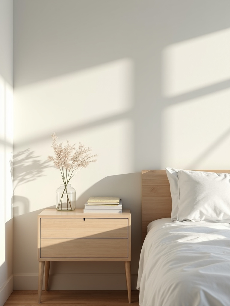 Minimalist tidy nightstand in a bright, clutter-free cozy bedroom corner with natural light