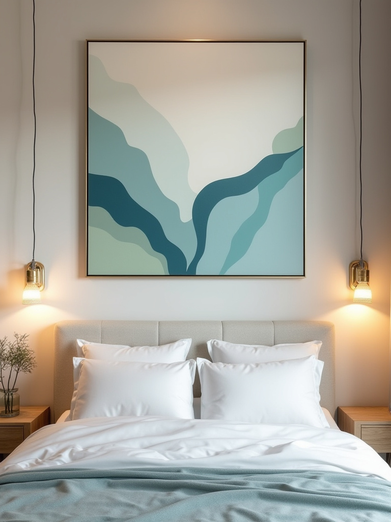 Serene bedroom wall with large abstract artwork in calming blues and greens, softly illuminated by warm sconces