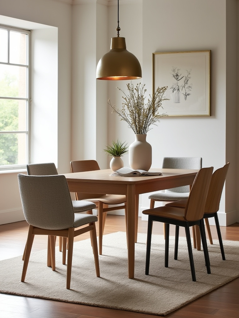 Portrait of a stylish dining room with mixed comfortable chairs around a wooden table, warm ambient lighting, mid-century accents.