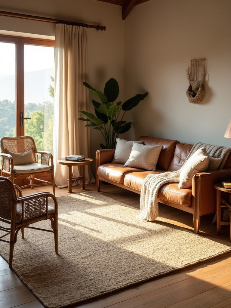 Rustic living room with a durable natural fiber rug anchoring the seating area and layered textures.