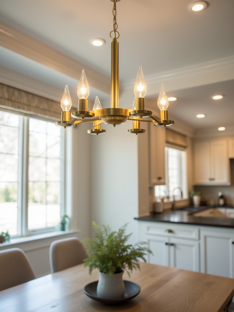 Brushed brass dining room chandelier harmonizing with matching cabinet hardware in a modern dining room